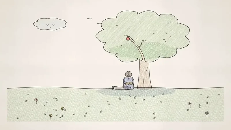 Crayon drawing of a man reading under an apple tree